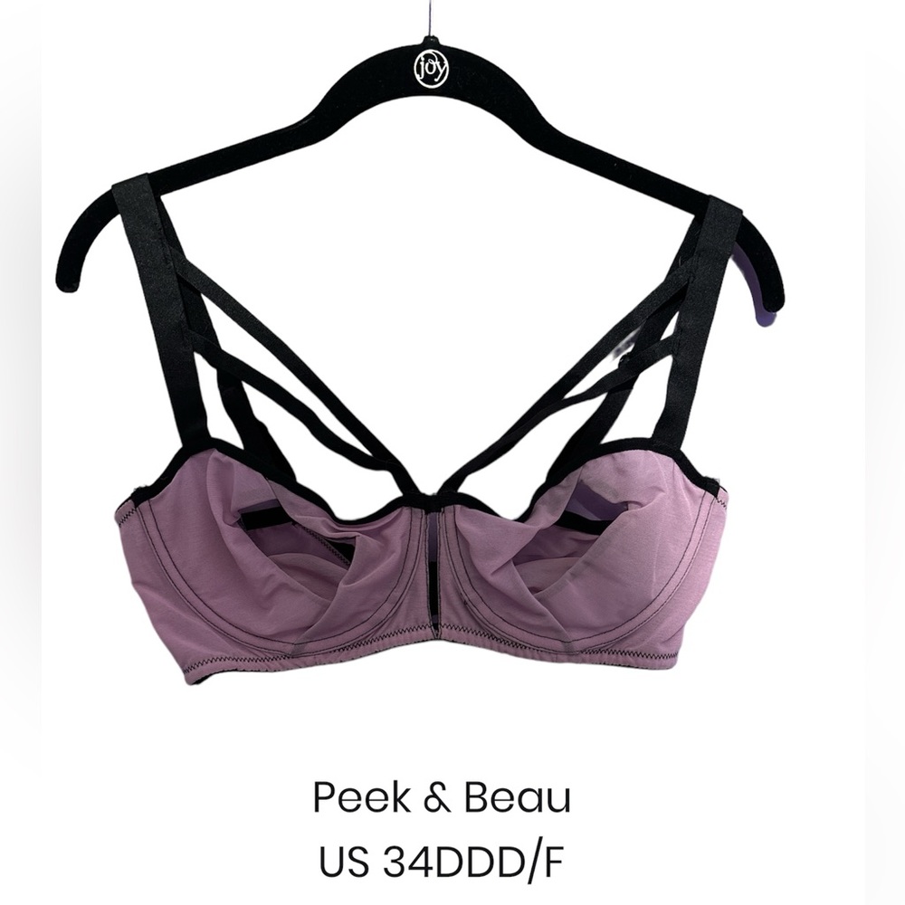 Peek & Beau Faye Lilac Peek Cup Bra Curve Black Strappy Harness US 34DDD